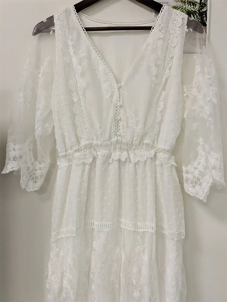 Hollow Out White Lace Dress