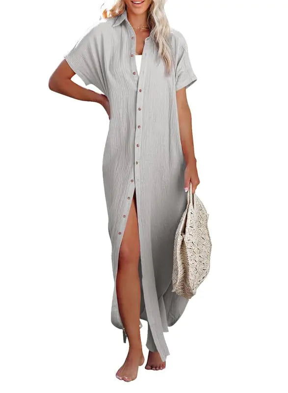 Dokotoo Womens Casual Short Sleeve Button Down Beach Dress