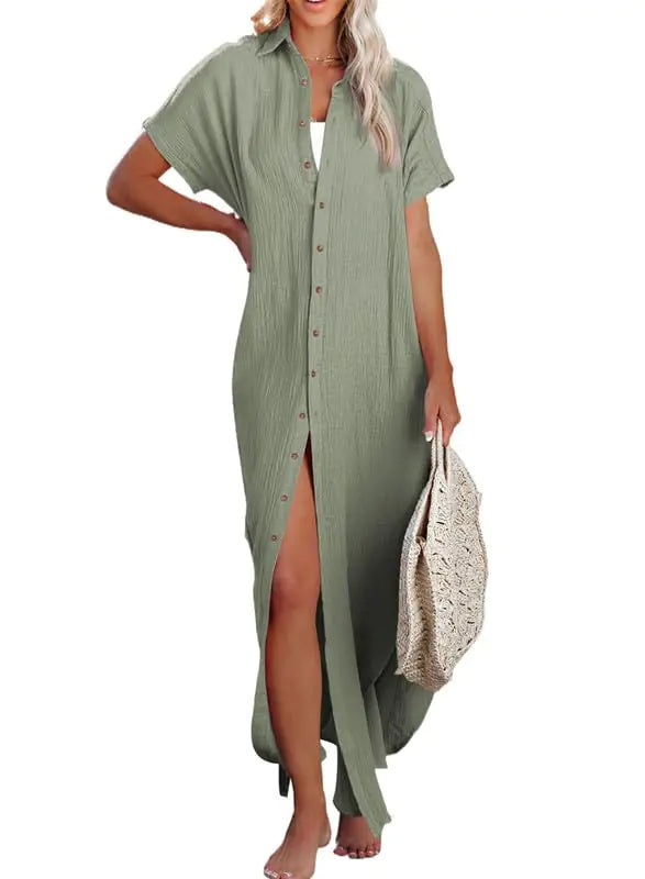 Dokotoo Womens Casual Short Sleeve Button Down Beach Dress