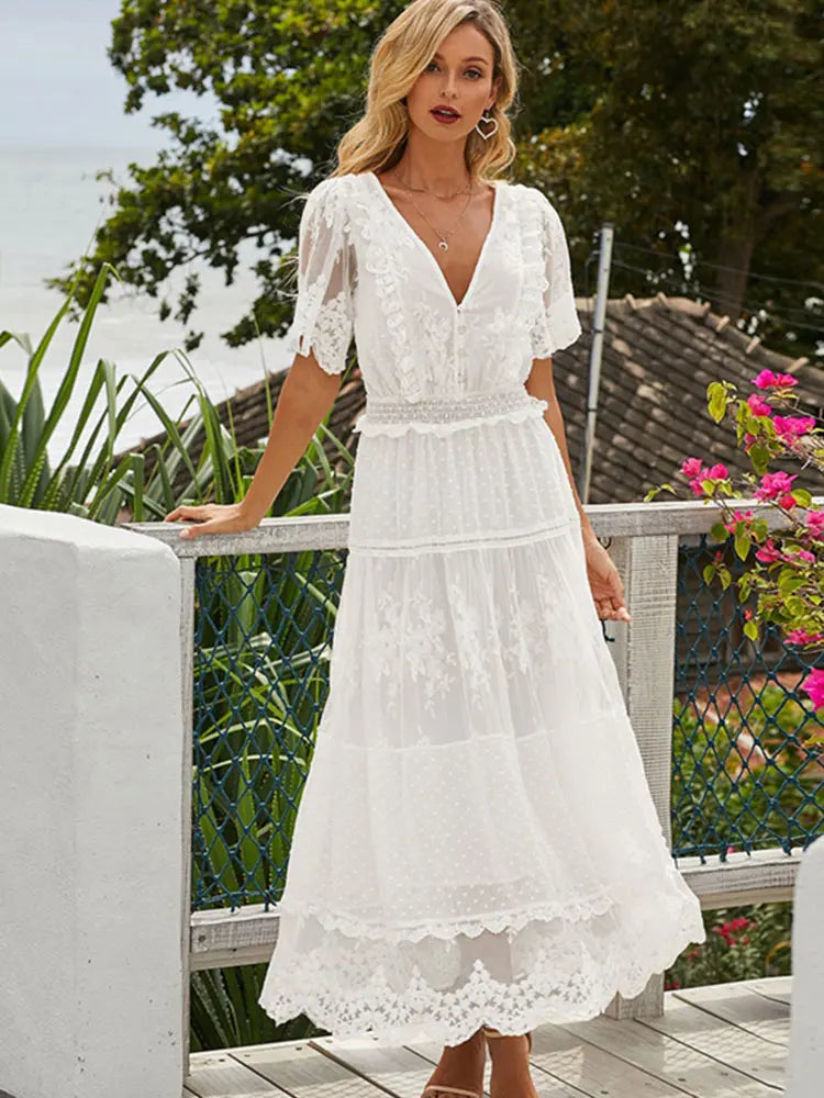Hollow Out White Lace Dress