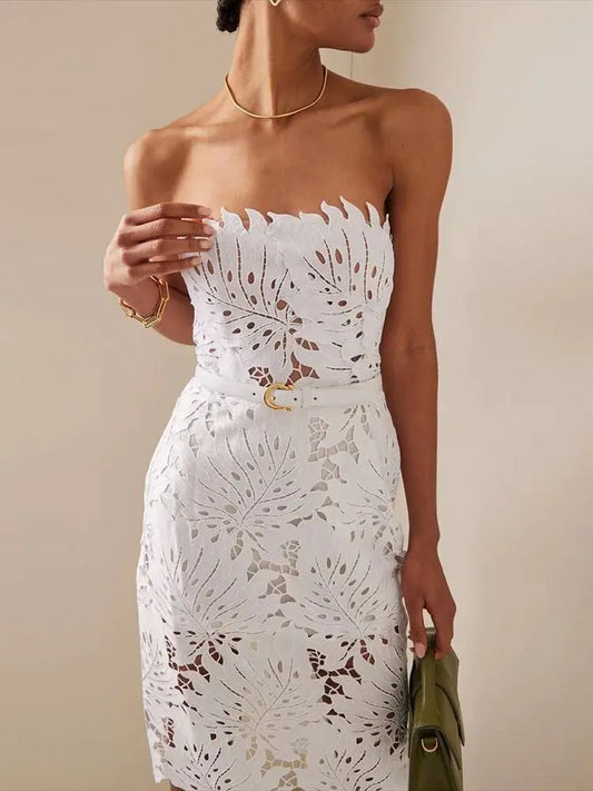 White Midi Dress Flower Cut-Out