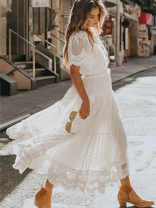 Hollow Out White Lace Dress