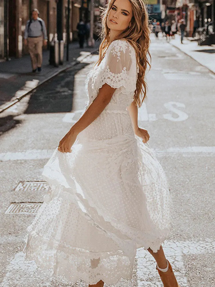 Hollow Out White Lace Dress
