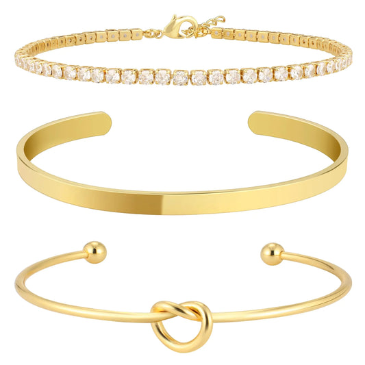 14K Gold Plated Bangle Cuff Bracelet Set