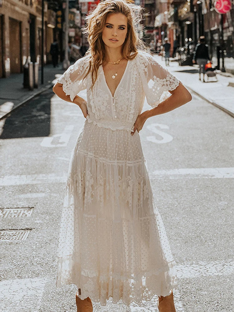 Hollow Out White Lace Dress